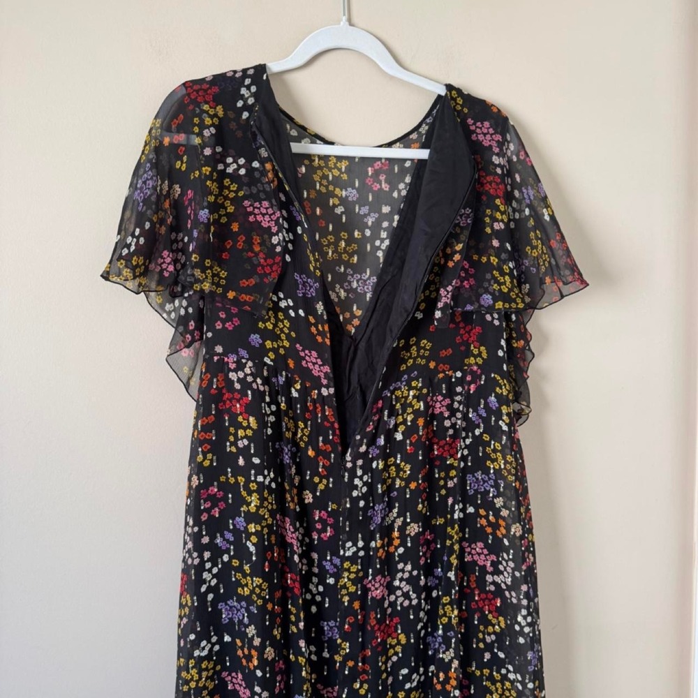 See by Chloé 100% Silk Chiffon Black Multicolor Floral Dress Red Yellow Designer - Picture 5 of 8